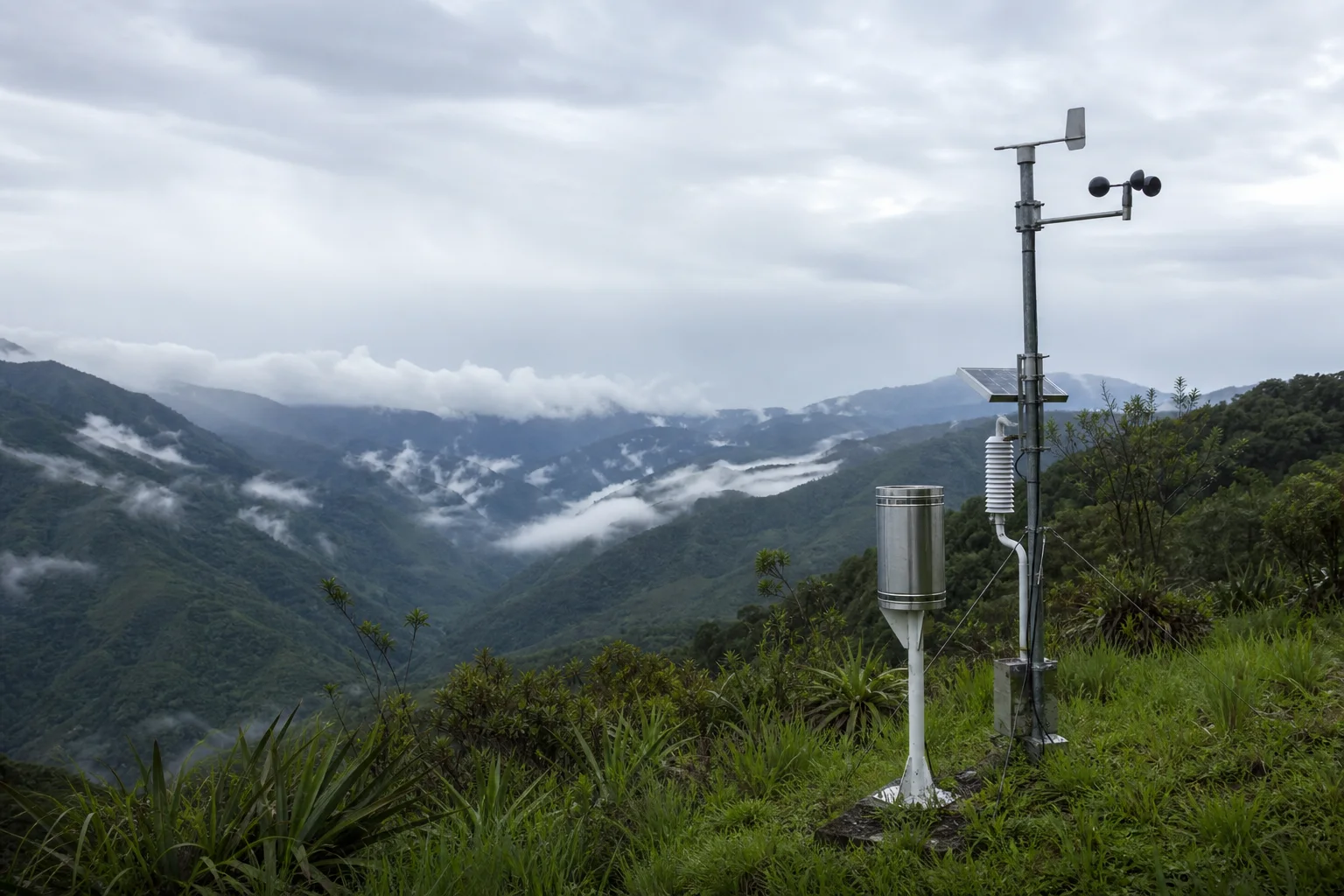 Estación pluviométrica entre montañas húmedas de los Andes colombianos