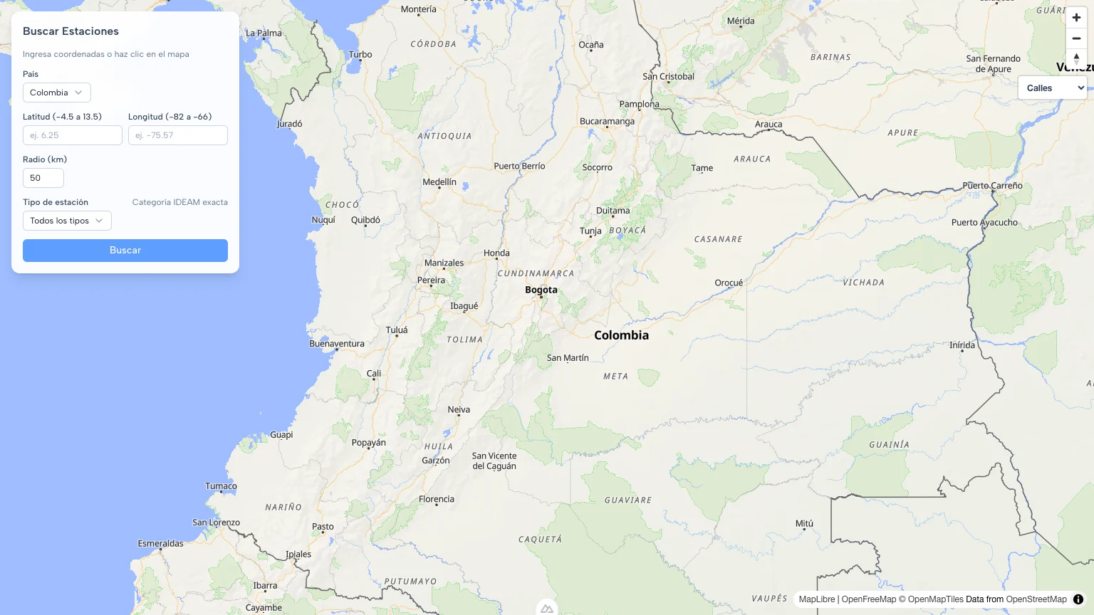 Mapa de Colombia con el buscador de estaciones pluviométricas de Pluvio